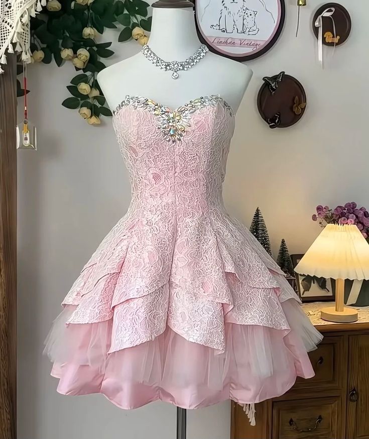 Sweet 16th Pink A-Line Sweetheart Satin Tulle Lace Beads Short Homecoming Dress Birthday Outfits - FashionDia