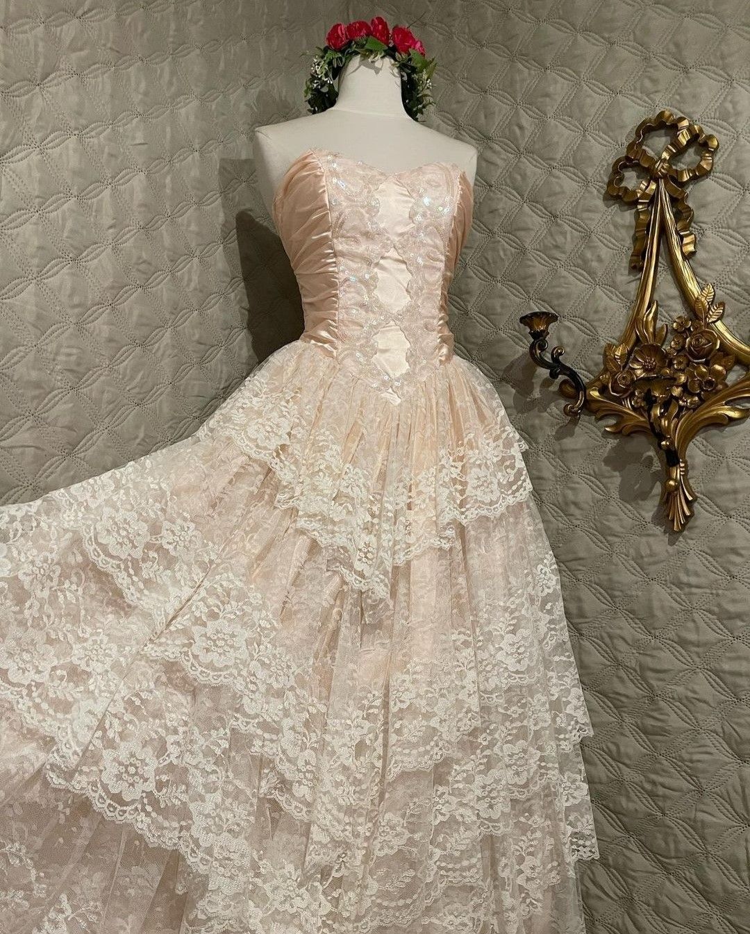 Classy Ball Gown Strapless Satin Lace Tiered Long Prom Dresses Formal Dress