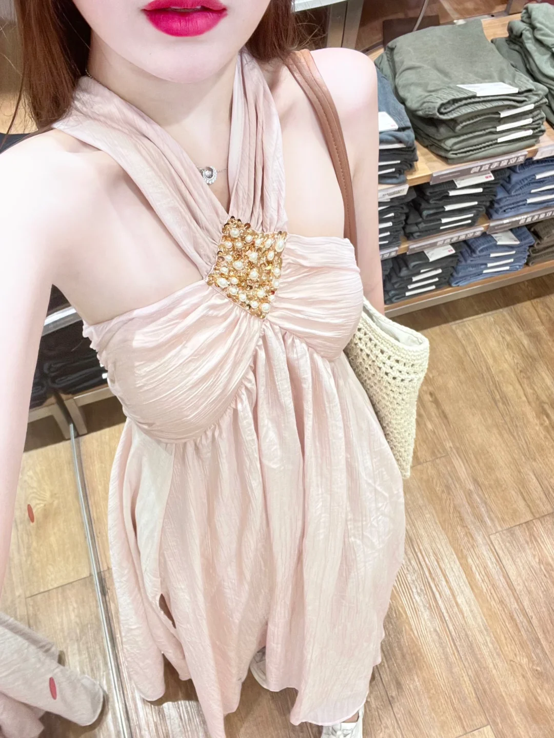 Classy A-Line Halter Satin Beads Long Prom Dresses Formal Dress - FashionDia