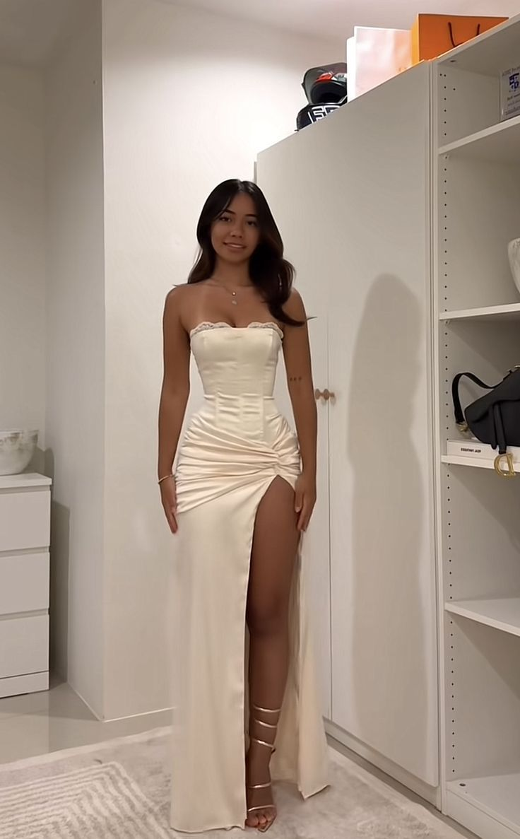 Classy Mermaid Strapless Satin Pleated Slit Long Prom Dresses Formal Dress - FashionDia