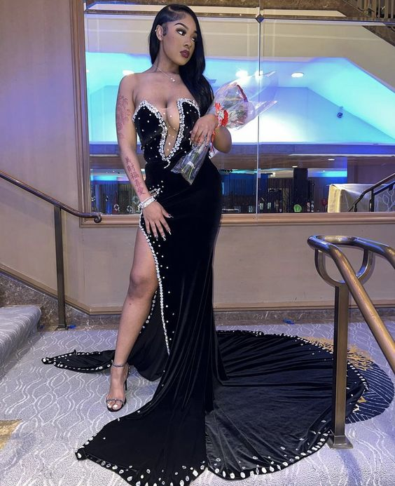 Black Velvet Prom Dresses Long Mermaid Formal Party Gowns Evening Dress Y6518 - View 2 | VelvetHem