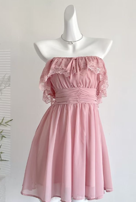 Cute A-Line Strapless Chiffon Lace Short Homecoming Dress 18th Birthday Outfits - FashionDia
