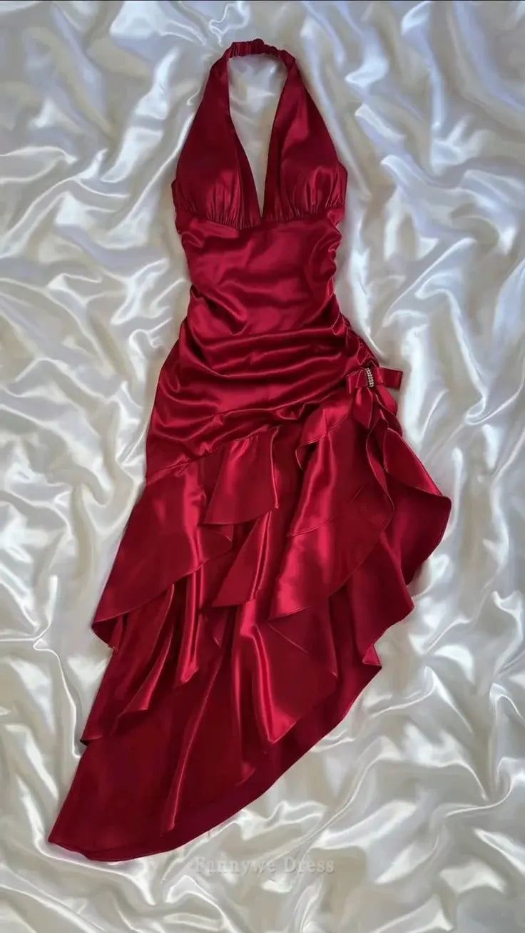 Elegant A-Line Halter Burgundy Satin Short Homecoming Dress 19th Birthday Outfits - FashionDia