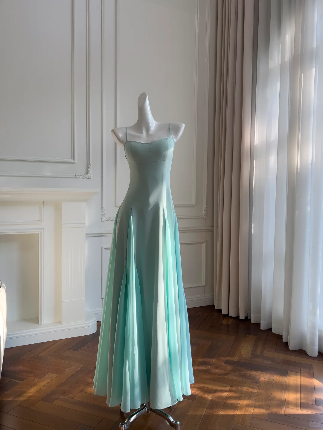 Elegant A-Line Spaghetti Straps Satin Chiffon Long Prom Dresses Formal Dress - FashionDia