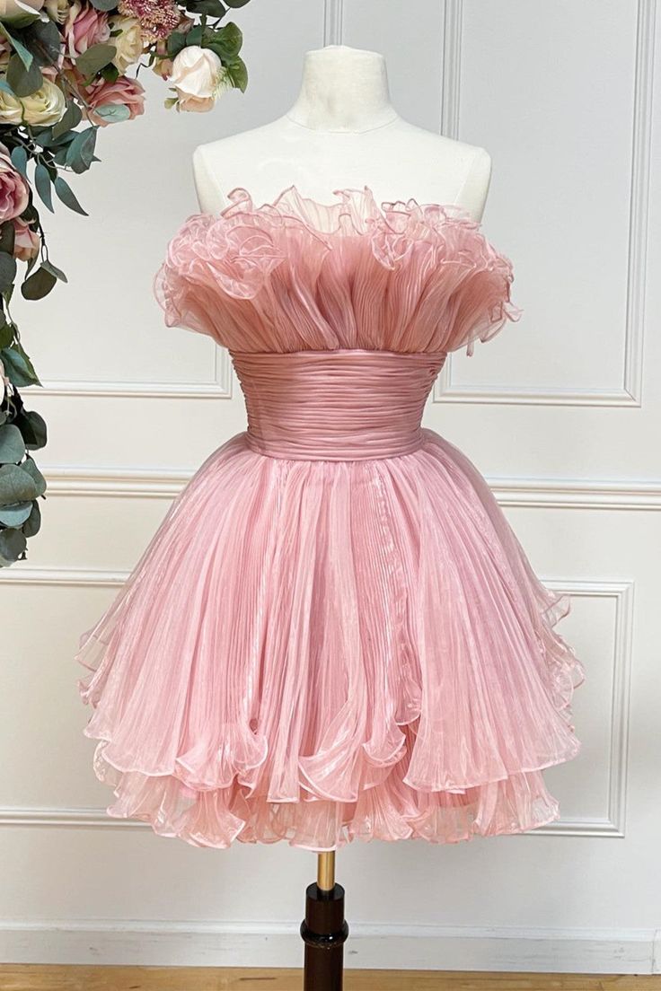 Cute Strapless Ball Gown Ruffles Pink Mini Homecoming Dress - View 2 | FashionDia