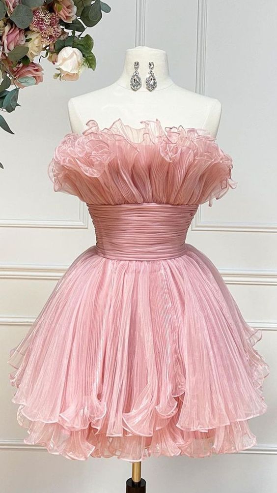 Cute Strapless Ball Gown Ruffles Pink Mini Homecoming Dress - FashionDia