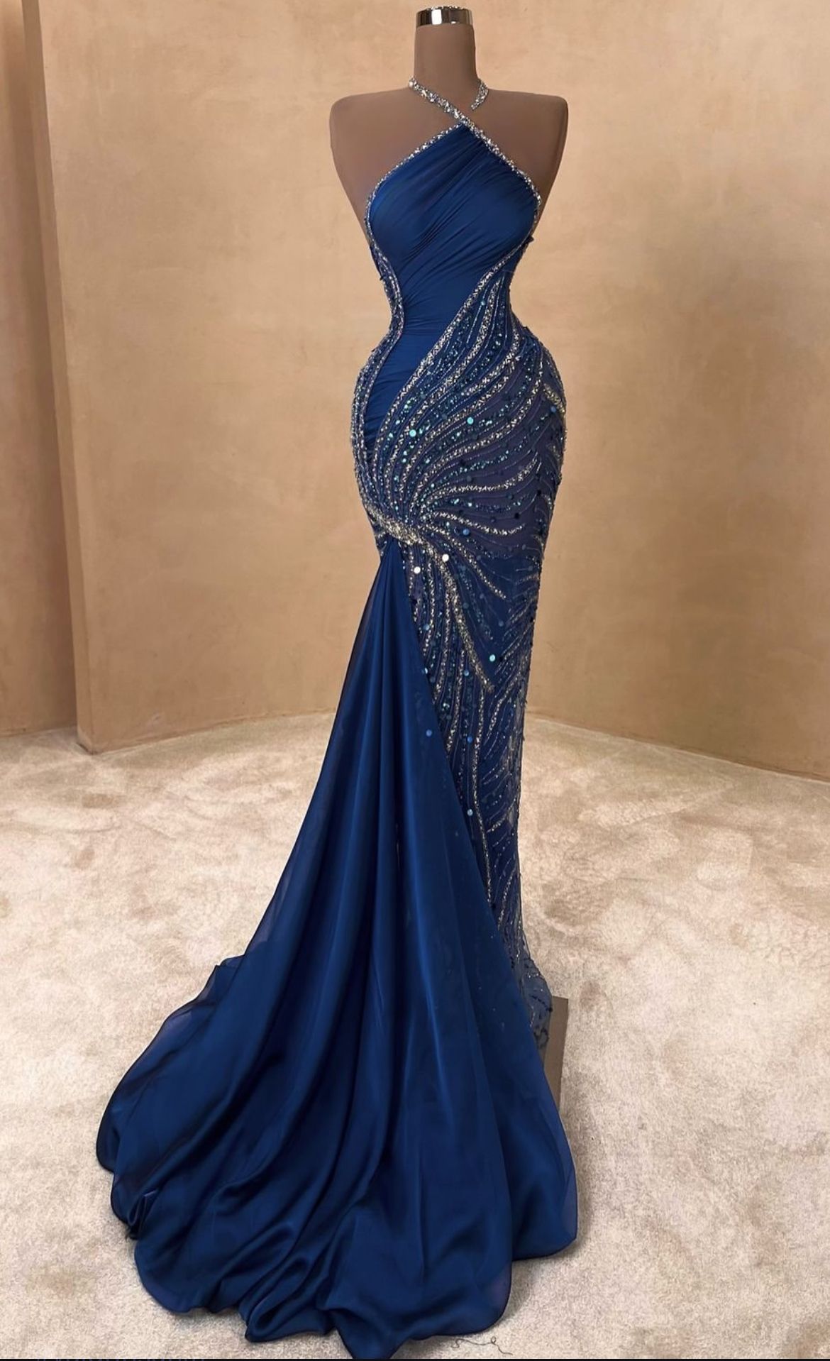 Sparkles Mermaid Halter Satin Beads Long Prom Dresses Formal Dress - FashionDia