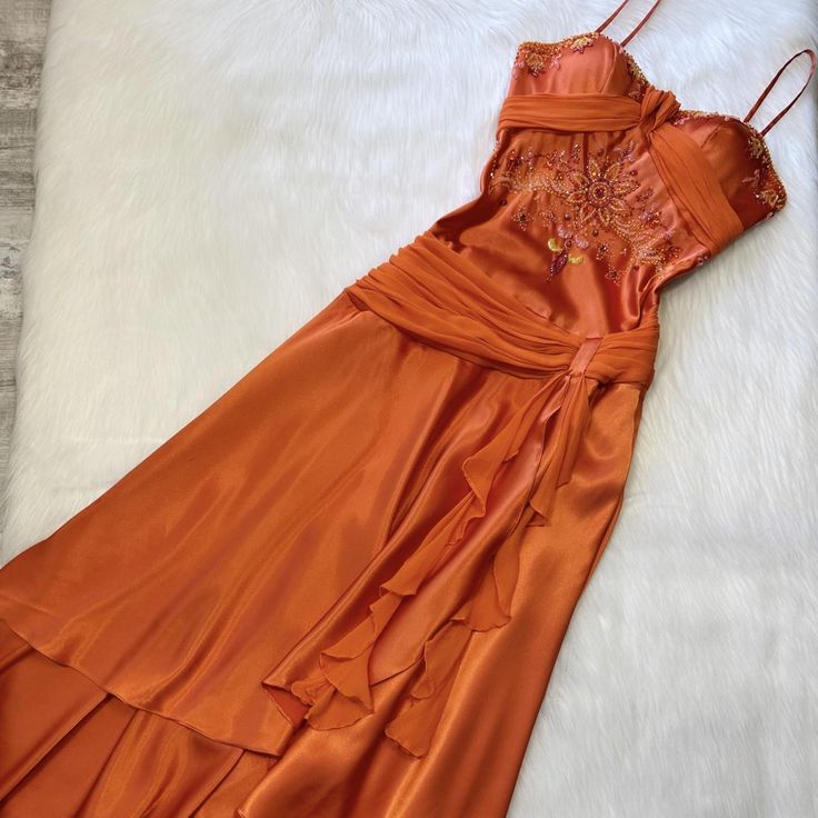 Gorgeous A-Line Spaghetti Straps Satin Chiffon Ruffle Beads Long Prom Dresses Formal Dress - View 2 | FashionDia