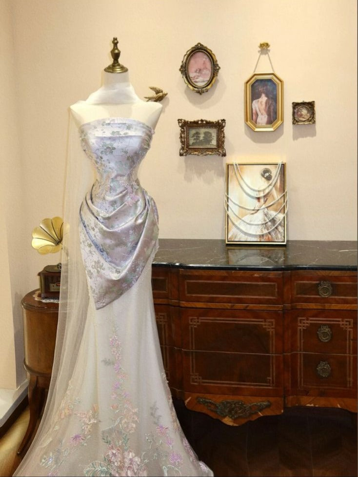 Aesthetic Mermaid Strapless Satin Tulle Applique Long Prom Dresses Formal Dress - FashionDia