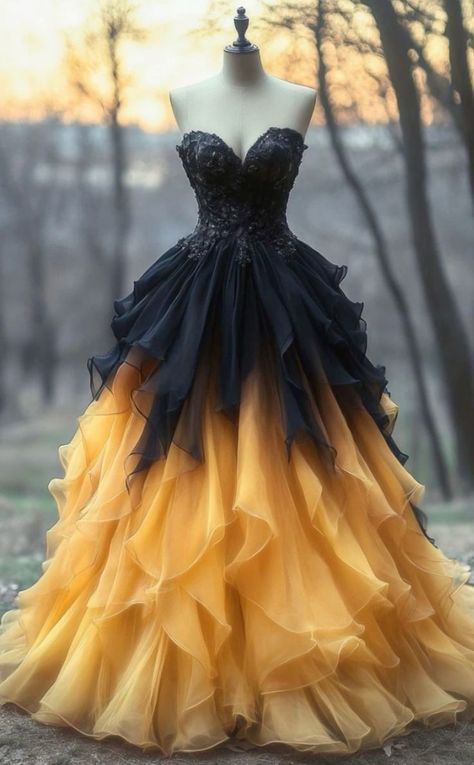 Chic Black and Yellow Gradient Ball Gown Sweetheart Chiffon Long Prom Dress,Formal Dress - FashionDia