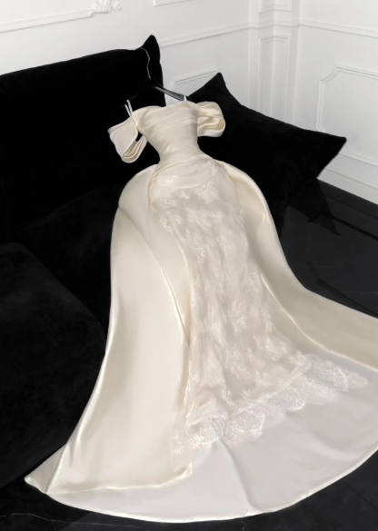 Chic Mermaid Off-the-Shoulder Satin Lace Long Prom Dress,Formal Evening Dress - FashionDia