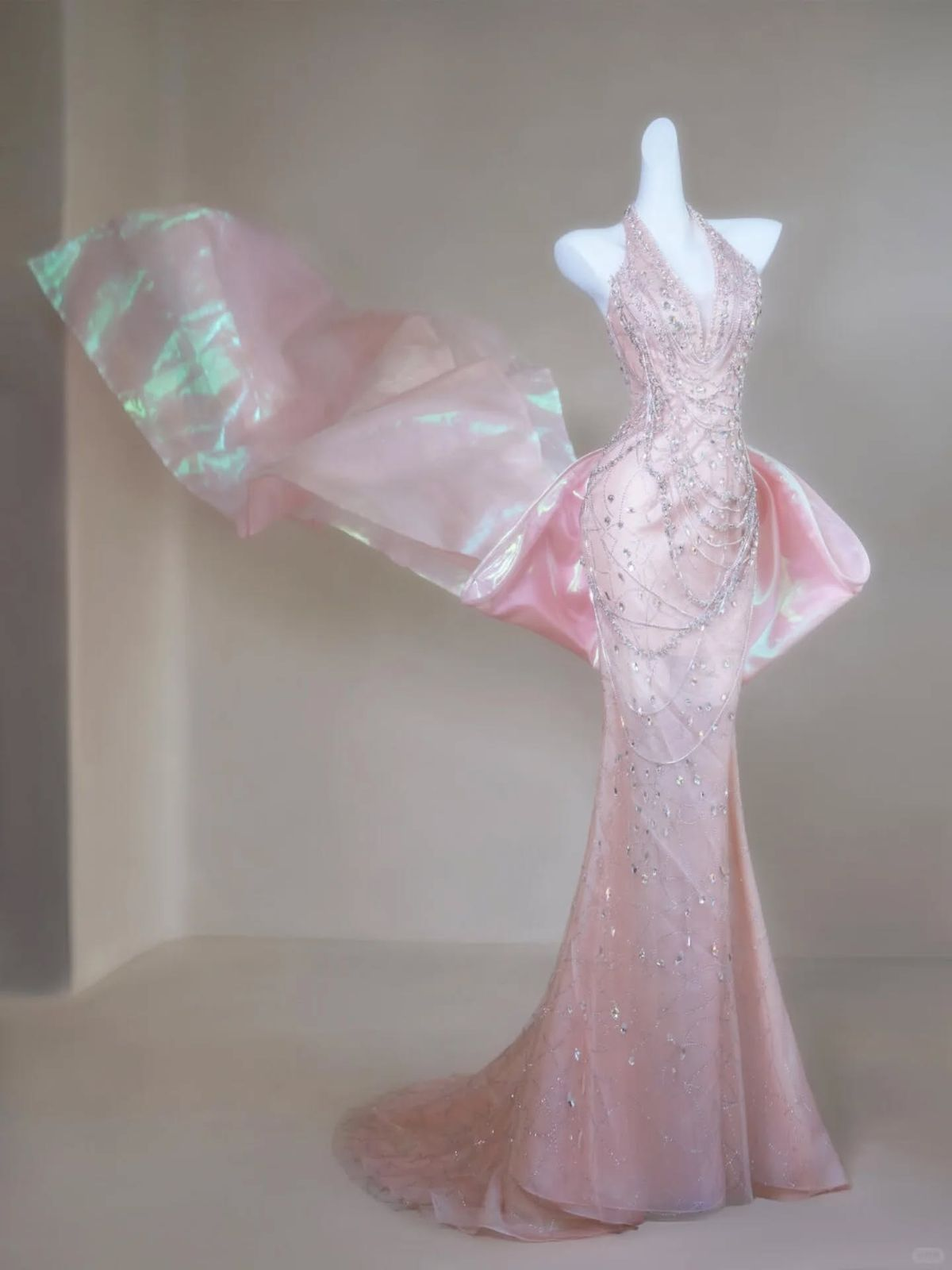 Gorgeous Mermaid Halter Light Pink Satin Beaded Long Prom Dress,Formal Evening Dress - View 2 | FashionDia