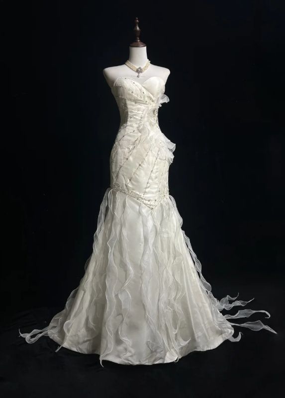 Sweetheart Mermaid Satin Chiffon Ruffle Beaded Long Prom Dress,Wedding Dress,Evening Dress