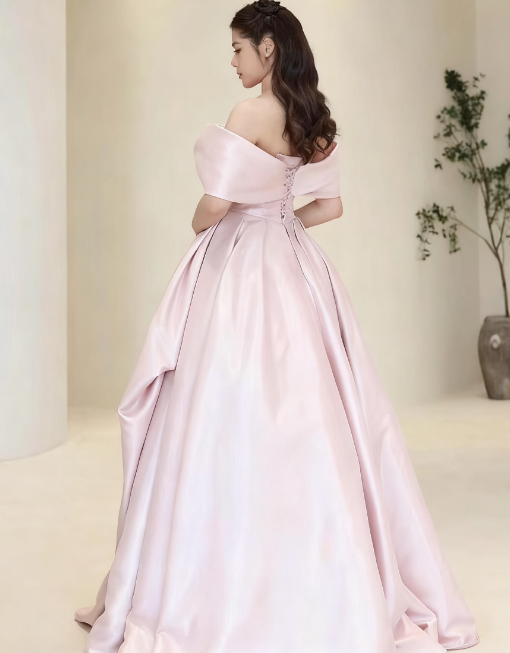 Beautiful A-Line Off-the-Shoulder Pink Satin Tulle Sequin Long Prom Dress, Evening Dress - View 4 | FashionDia