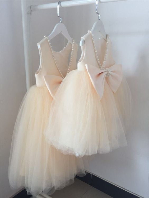 Princess Ball Gown Pearl Neck Satin Tulle Back With Bow Knot Flower Girl Dress - FashionDia