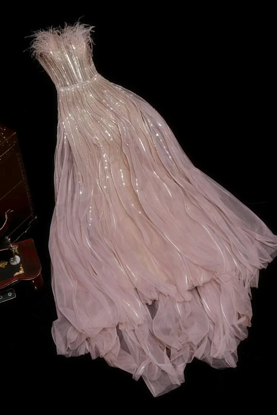 Sparkly A Line Strapless Tulle Sequin Long Prom Dress, Evening Dress