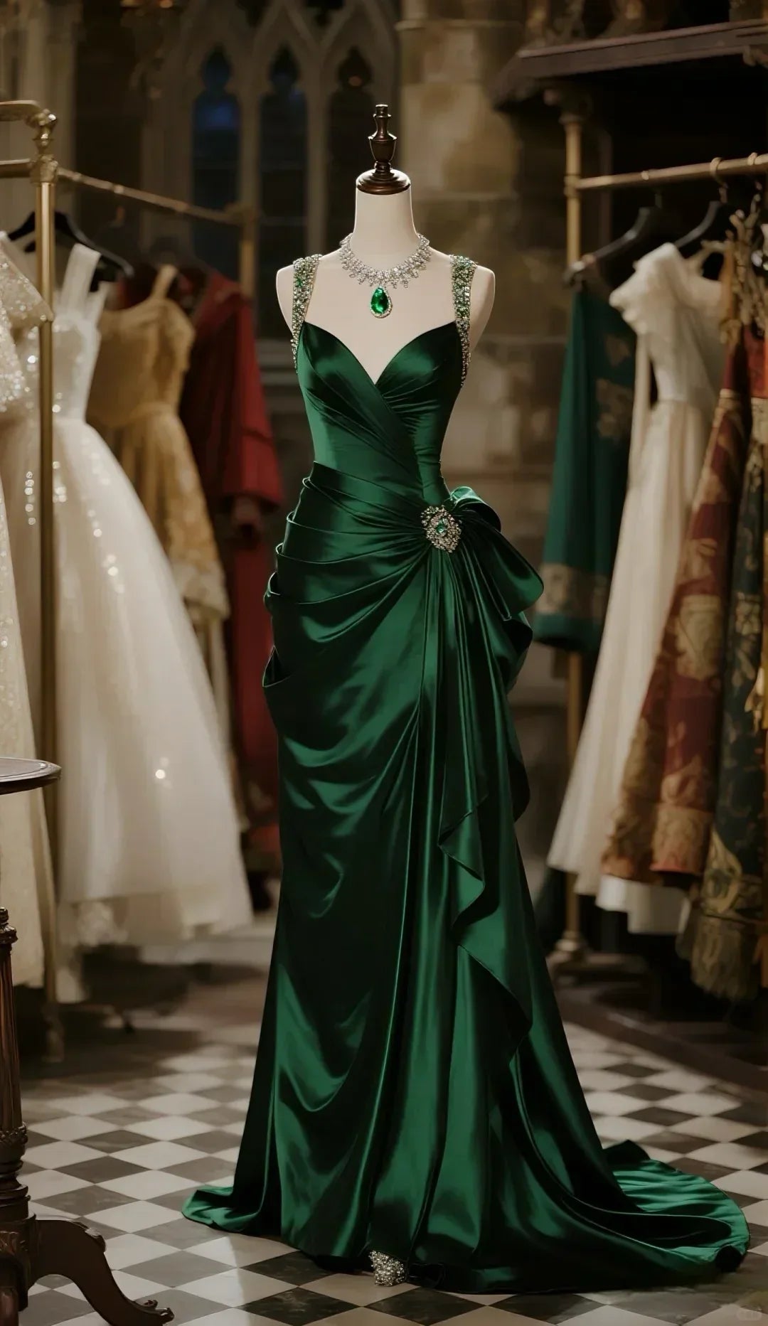 Dark Green Mermaid Beaded Straps Satin Pleated Long Prom Dress, Evening Dress - FashionDia