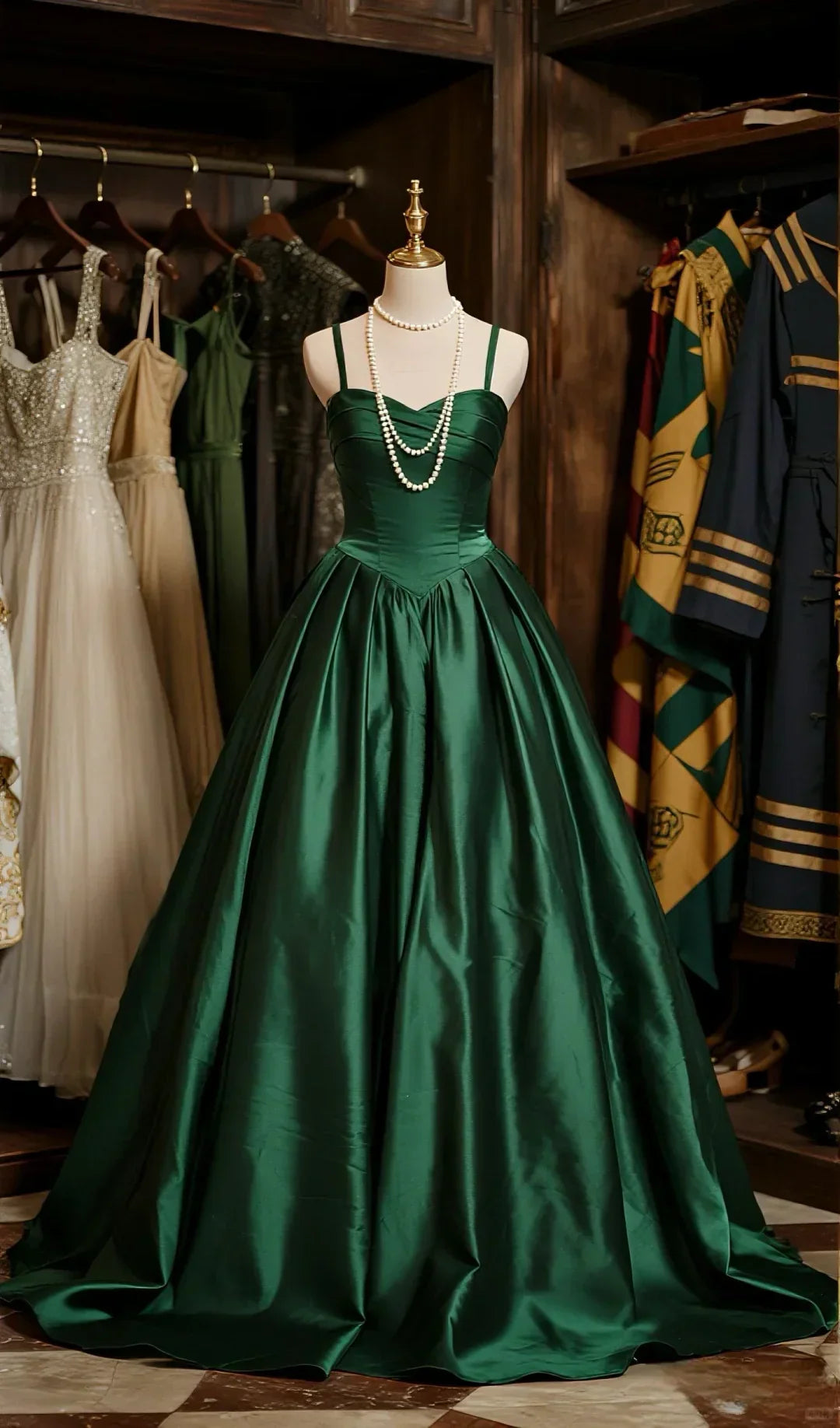 Ball Gown Dark Green Spaghetti Straps Satin Long Prom Dress, Evening Dress