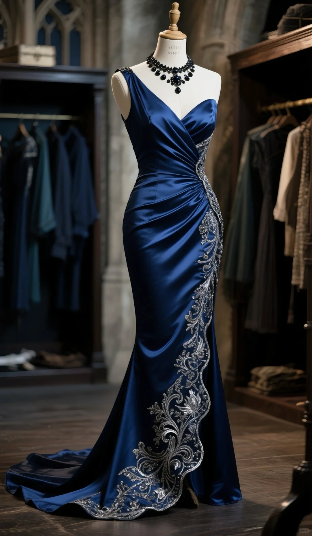 Classy Style Mermaid One-Shoulder Navy Satin Ruffle Embroidered Hem Slit Long Prom Dress, Evening Dress - FashionDia