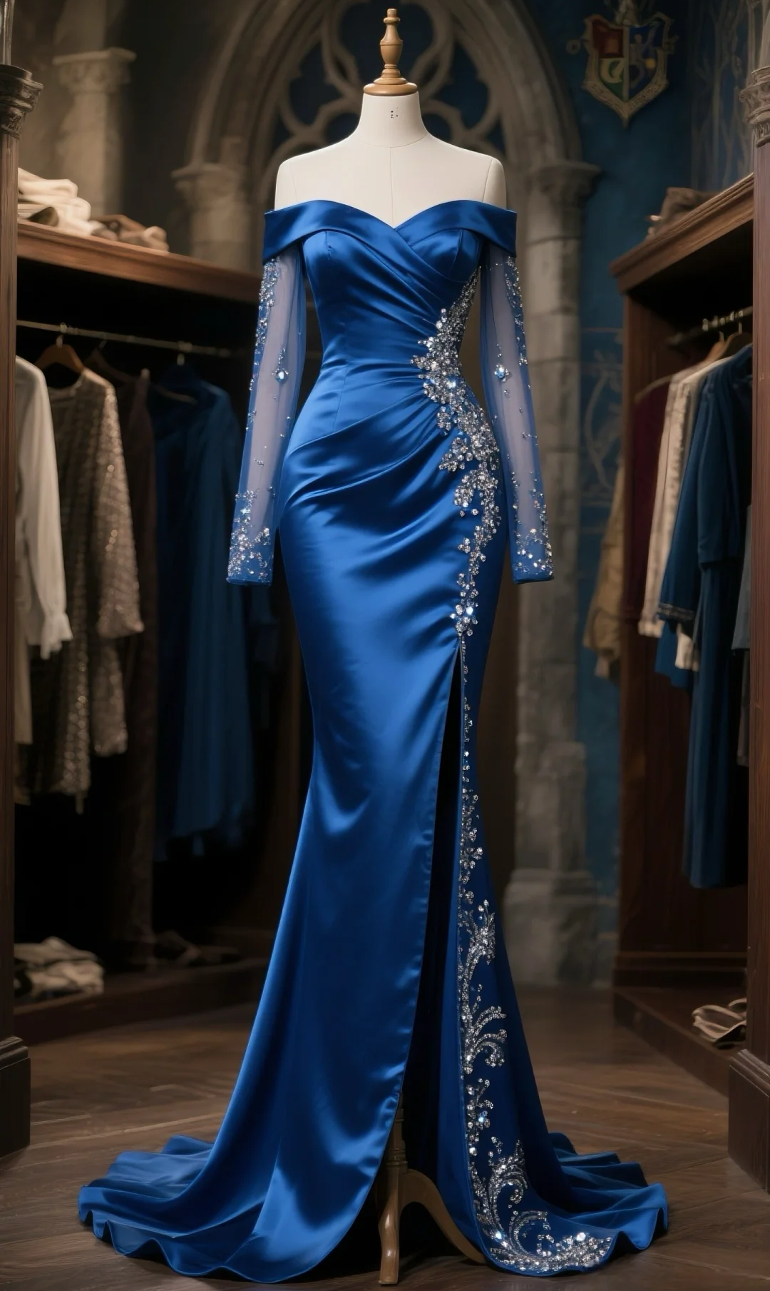 Elegant Style Mermaid Off-the-Shoulder Satin Tulle Long Sleeves Beaded Slit Long Prom Dress, Evening Dress - View 2 | FashionDia