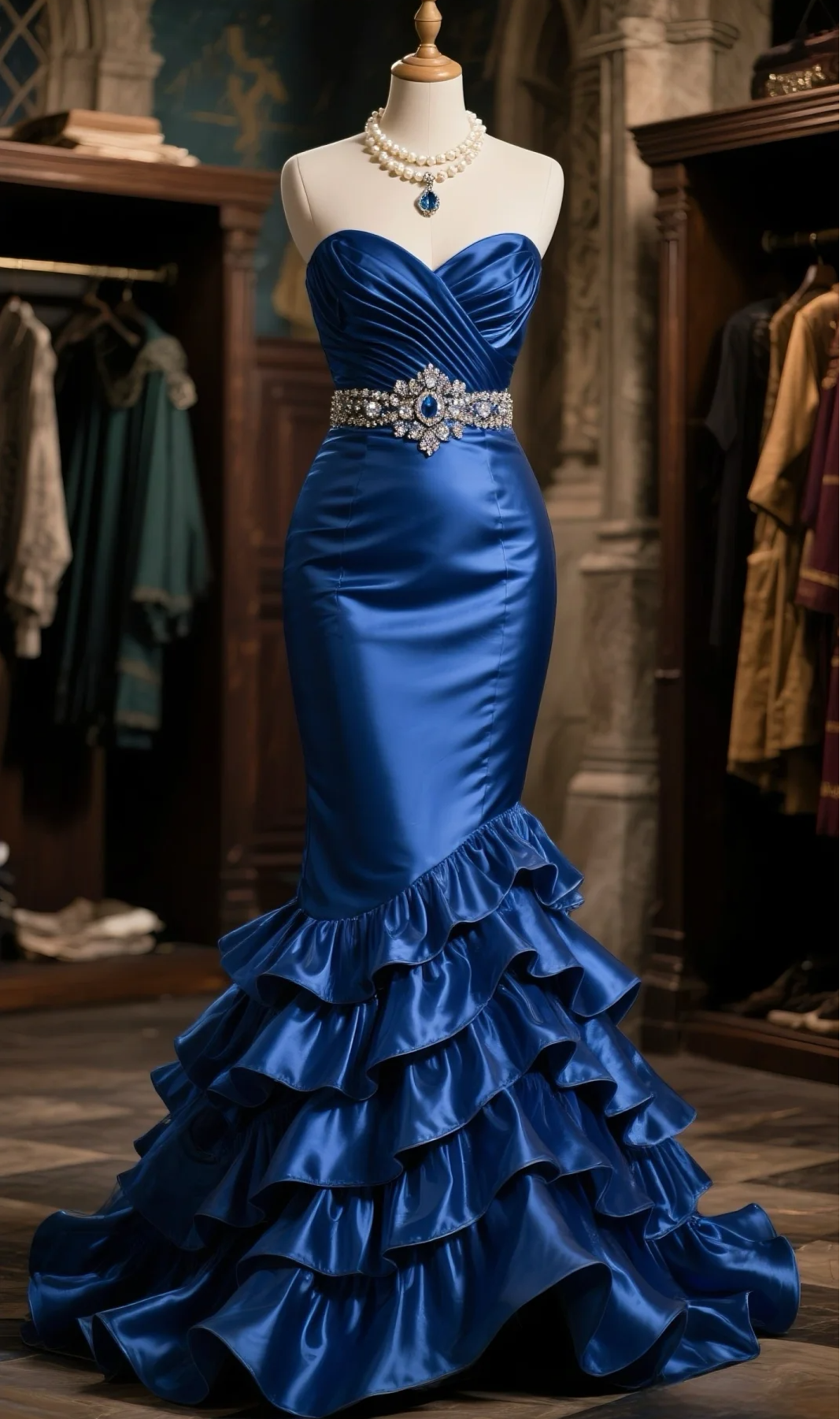 Charming Mermaid Sweetheart Satin Beaded With Tiered Ruffle Hem Long Prom Dress, Evening Dress - FashionDia