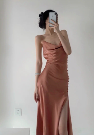 Sexy Mermaid Spaghetti Straps Satin Slit Long Prom Dress, Evening Dress - View 2 | FashionDia