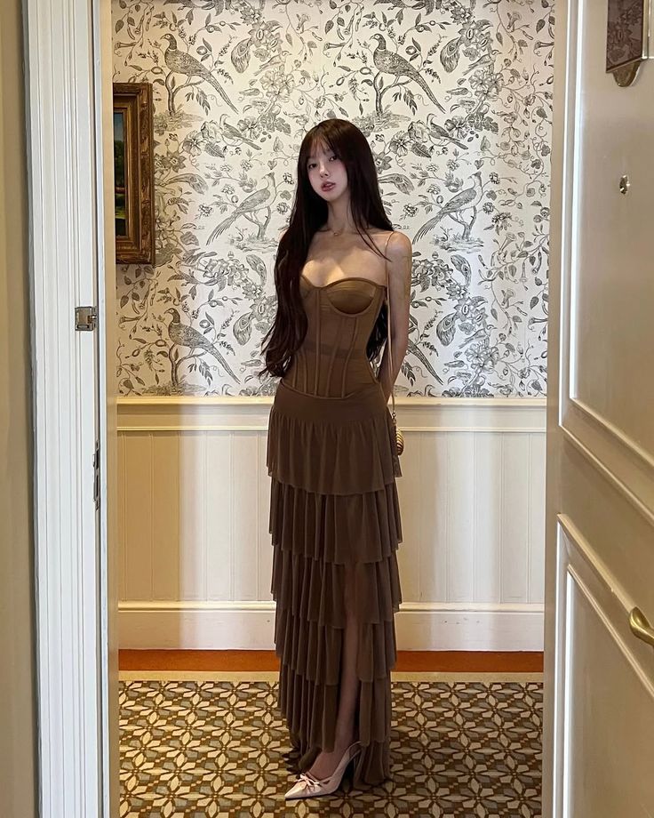 Pretty Brown A-Line Sweetheart Chiffon Tiered Slit Long Prom Dress, Evening Dress - View 2 | FashionDia