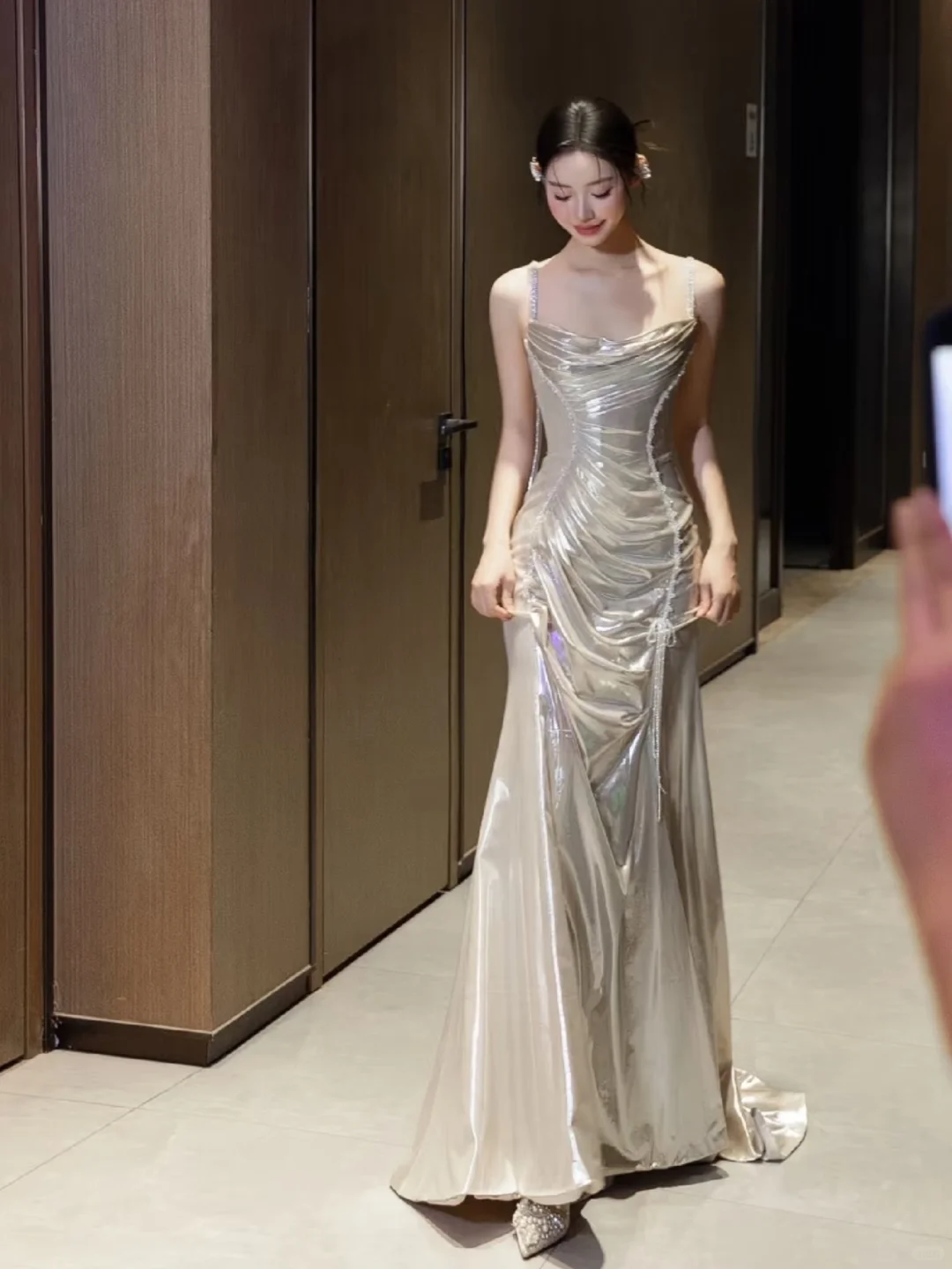 Delicate Mermaid Spaghetti Straps Satin Long Prom Dress, Evening Dress - View 2 | FashionDia