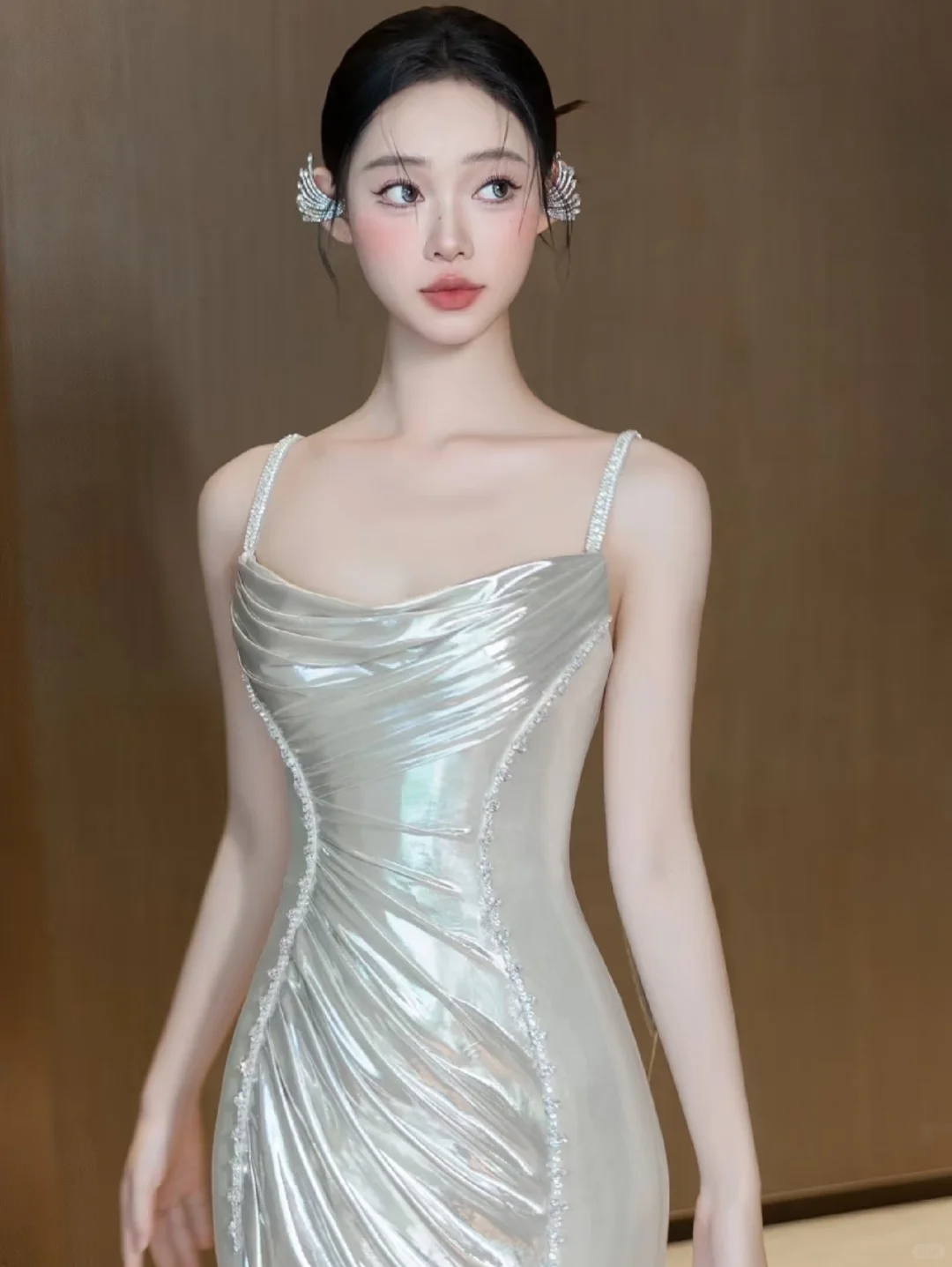 Delicate Mermaid Spaghetti Straps Satin Long Prom Dress, Evening Dress - View 3 | FashionDia