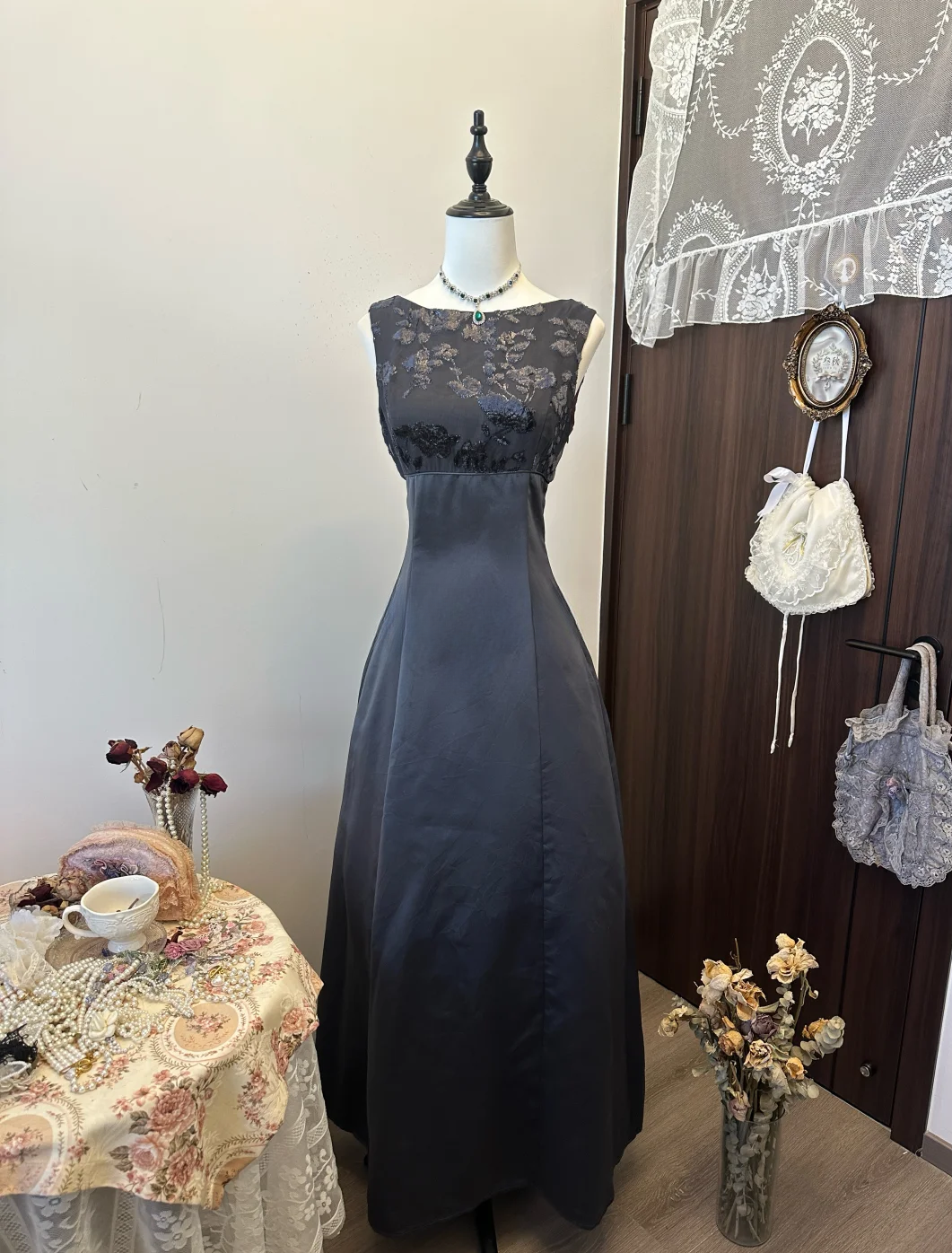 Unique A-Line Satin Lace Long Prom Dress, Evening Dress - View 3 | FashionDia