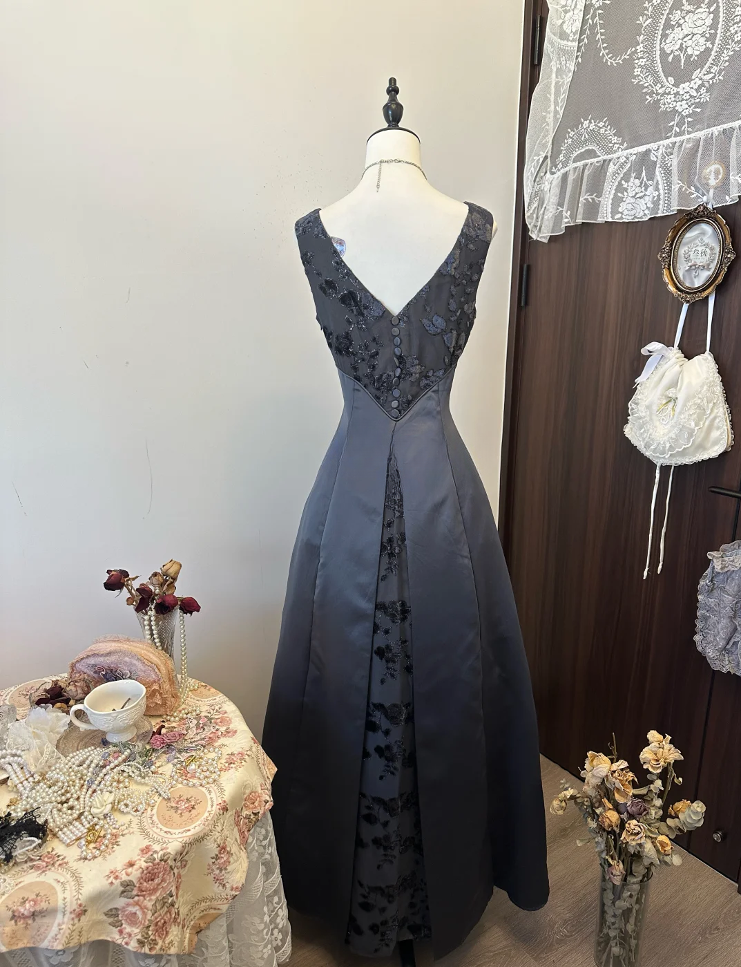 Unique A-Line Satin Lace Long Prom Dress, Evening Dress - View 4 | FashionDia