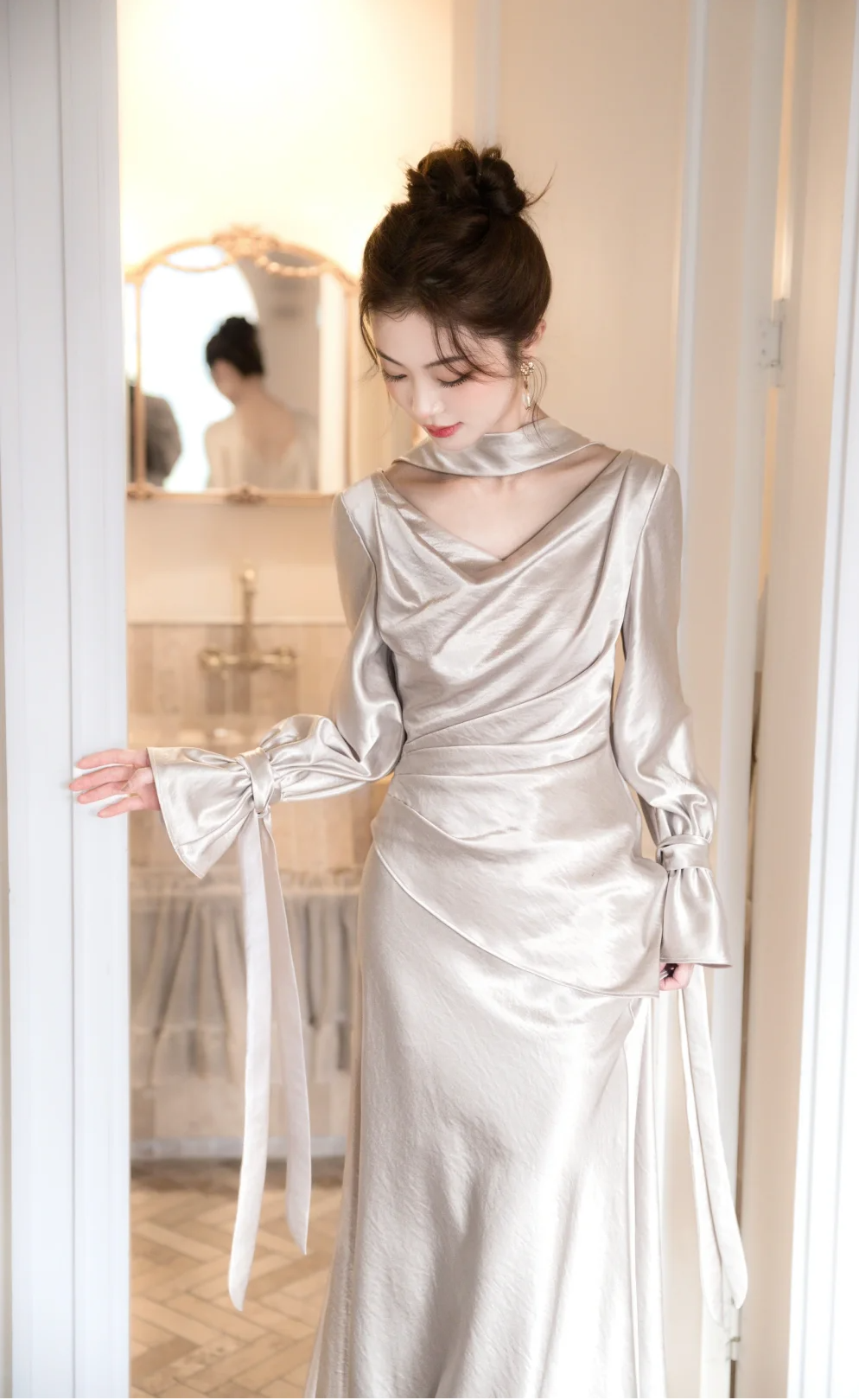Classy Mermaid V-Neck Satin With Long Sleeves Long Prom Dress, Evening Dress - FashionDia