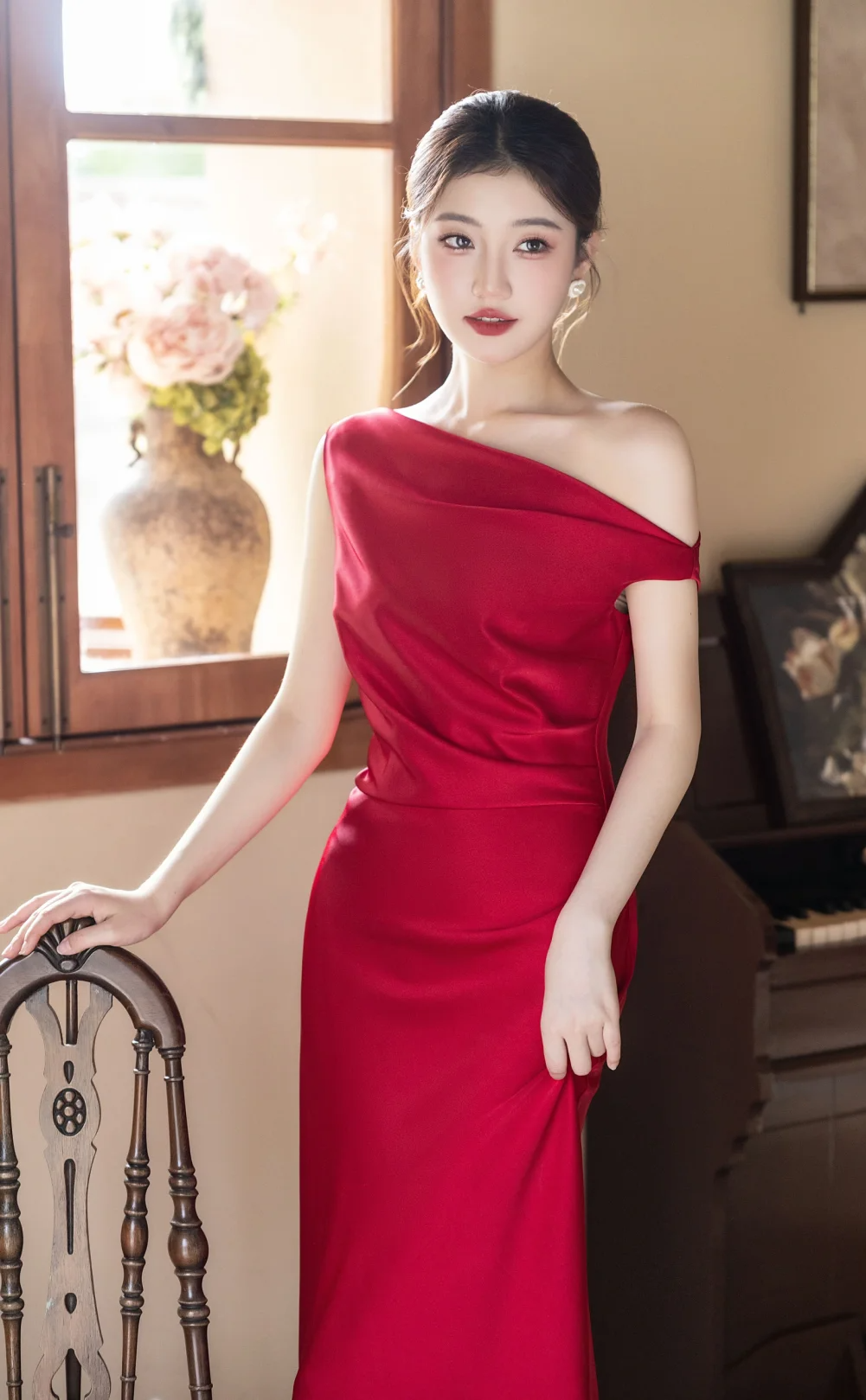 Classy Burgundy Mermaid Off-the-Shoulder Satin Long Prom Dress, Evening Dress - FashionDia