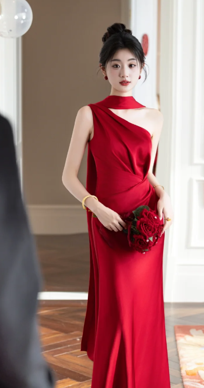 Chic Mermaid One-Shoulder Burgundy Satin Long Prom Dress, Evening Dress - FashionDia
