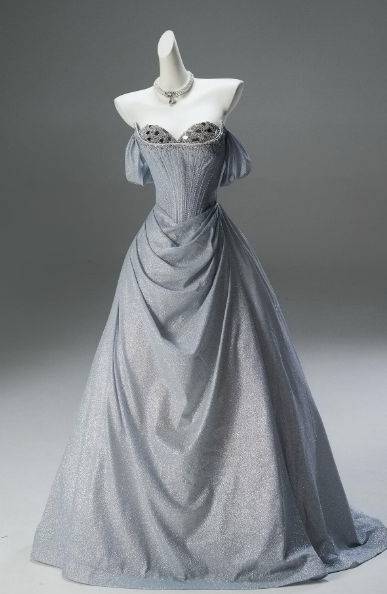 Chic A-Line Off-the-Shoulder Gray Satin Sequin Long Prom Dress, Evening Dress - FashionDia