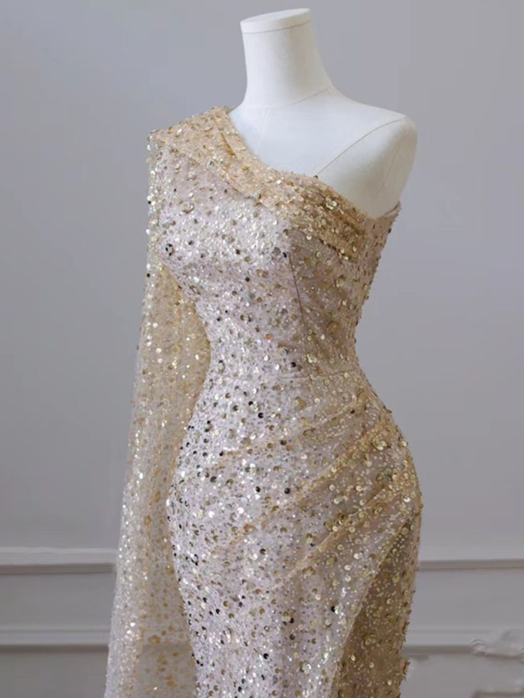 Gold Shiny One-Shoulder Mermaid Sequin Slit Long Prom Dress, Evening Dress - View 3 | FashionDia