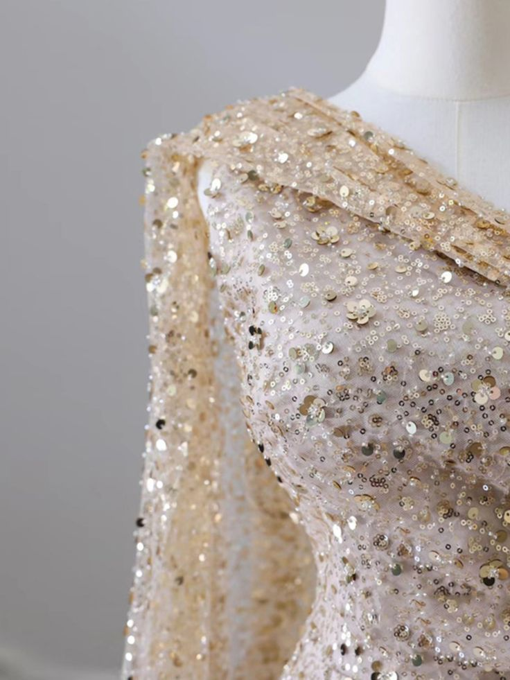 Gold Shiny One-Shoulder Mermaid Sequin Slit Long Prom Dress, Evening Dress - View 4 | FashionDia
