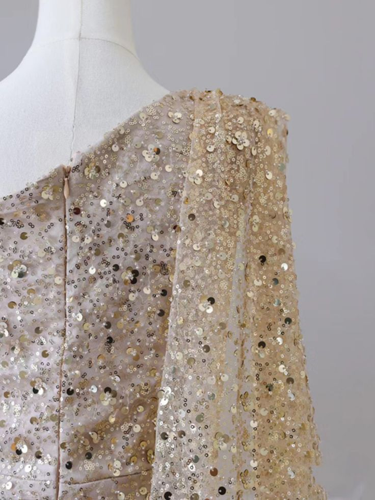 Gold Shiny One-Shoulder Mermaid Sequin Slit Long Prom Dress, Evening Dress - View 6 | FashionDia