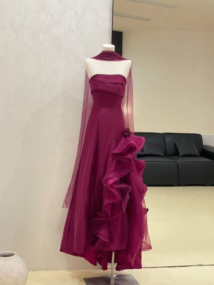 Chic A-Line Strapless Tulle Long Prom Dress, Evening Dress - FashionDia