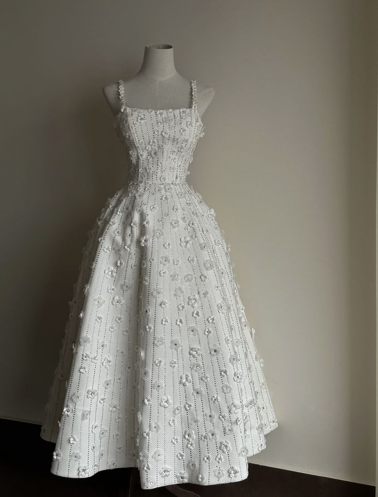 Pretty A-Line Square White Satin Applique Long Prom Dress, Evening Dress - View 2 | FashionDia