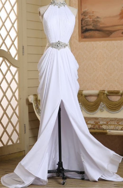 Classy White A-Line Halter Satin Beaded Slit Long Prom Dress, Evening Dress - FashionDia
