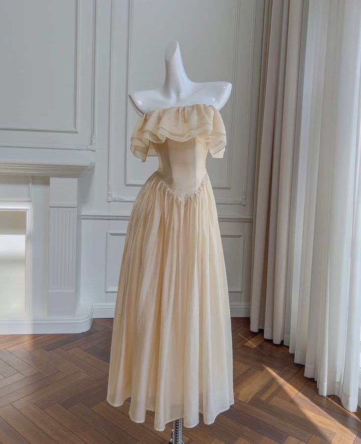 Pretty A-Line Strapless Satin Chiffon Long Prom Dress, Evening Dress - View 2 | FashionDia