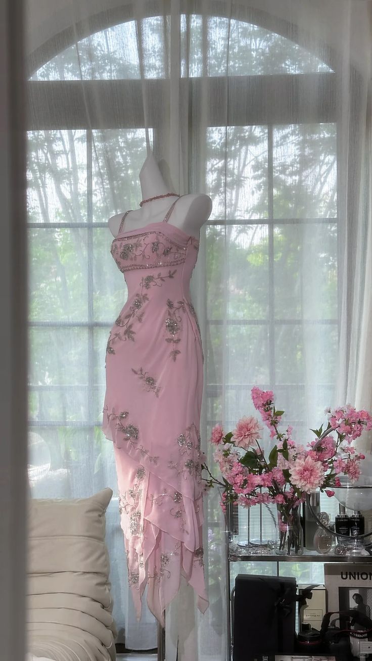 Pretty Pink Mermaid Spaghetti Straps Tiered Chiffon Sequin Without Sleeves Long Prom Dress, Evening Dress - View 4 | FashionDia