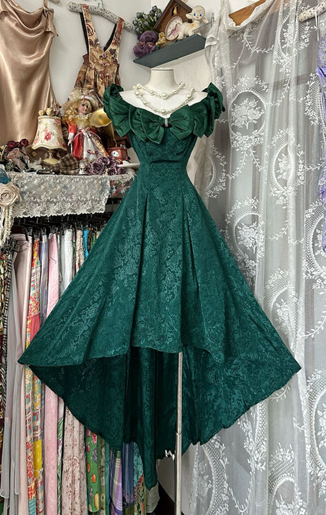 Retro Dark Green A-Line Off The Shouder Satin Lace Without Sleeves Long Prom Dress, Evening Dress - FashionDia
