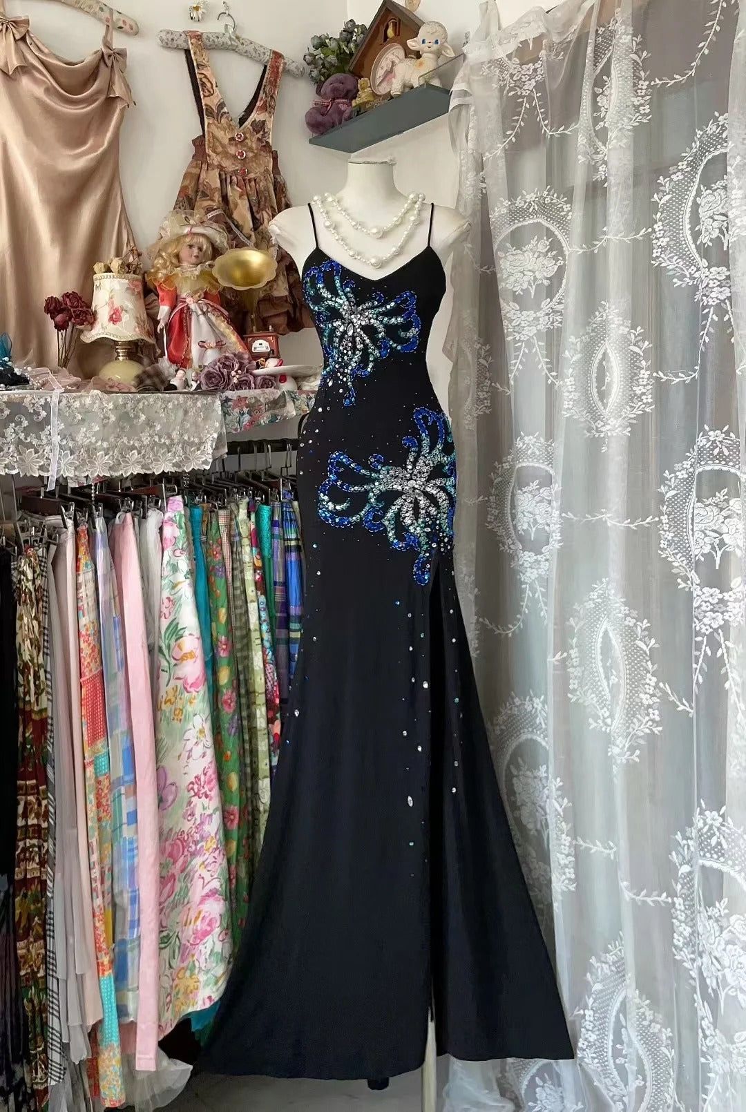 Pretty Mermaid Spaghetti Straps Black Satin Sequin Beaded Without Sleeves Long Prom Dress, Evening Dress - FashionDia