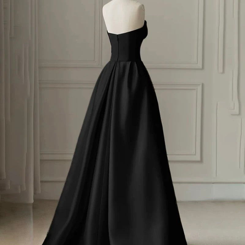 Strapless Satin Pearls Tulle Long Prom Dresses Party Dress