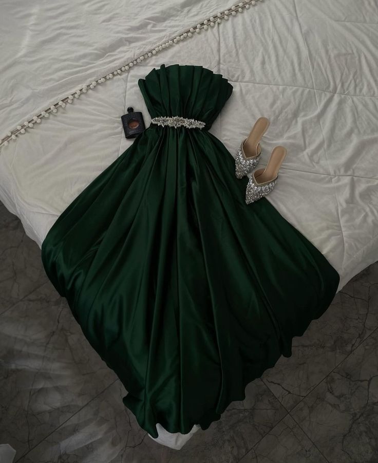 Dark Green A-Line Strapless Pleated Satin Beaded Without Sleeves Long Prom Dress, Evening Dress - FashionDia