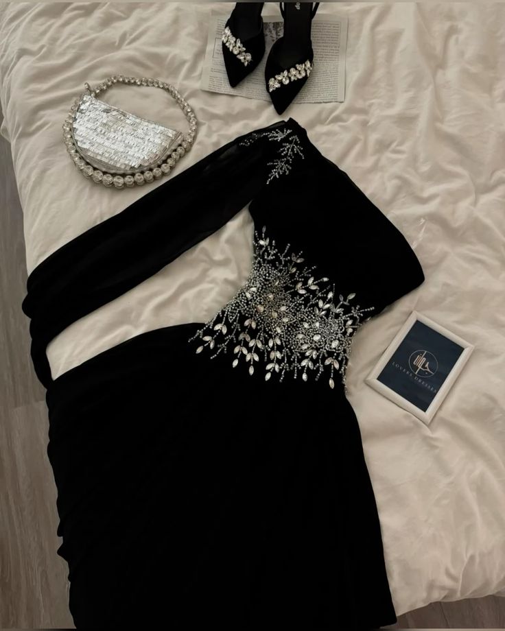 Black A-Line One-Shoulder Satin Beaded Without Sleeves Long Prom Dress, Evening Dress - FashionDia