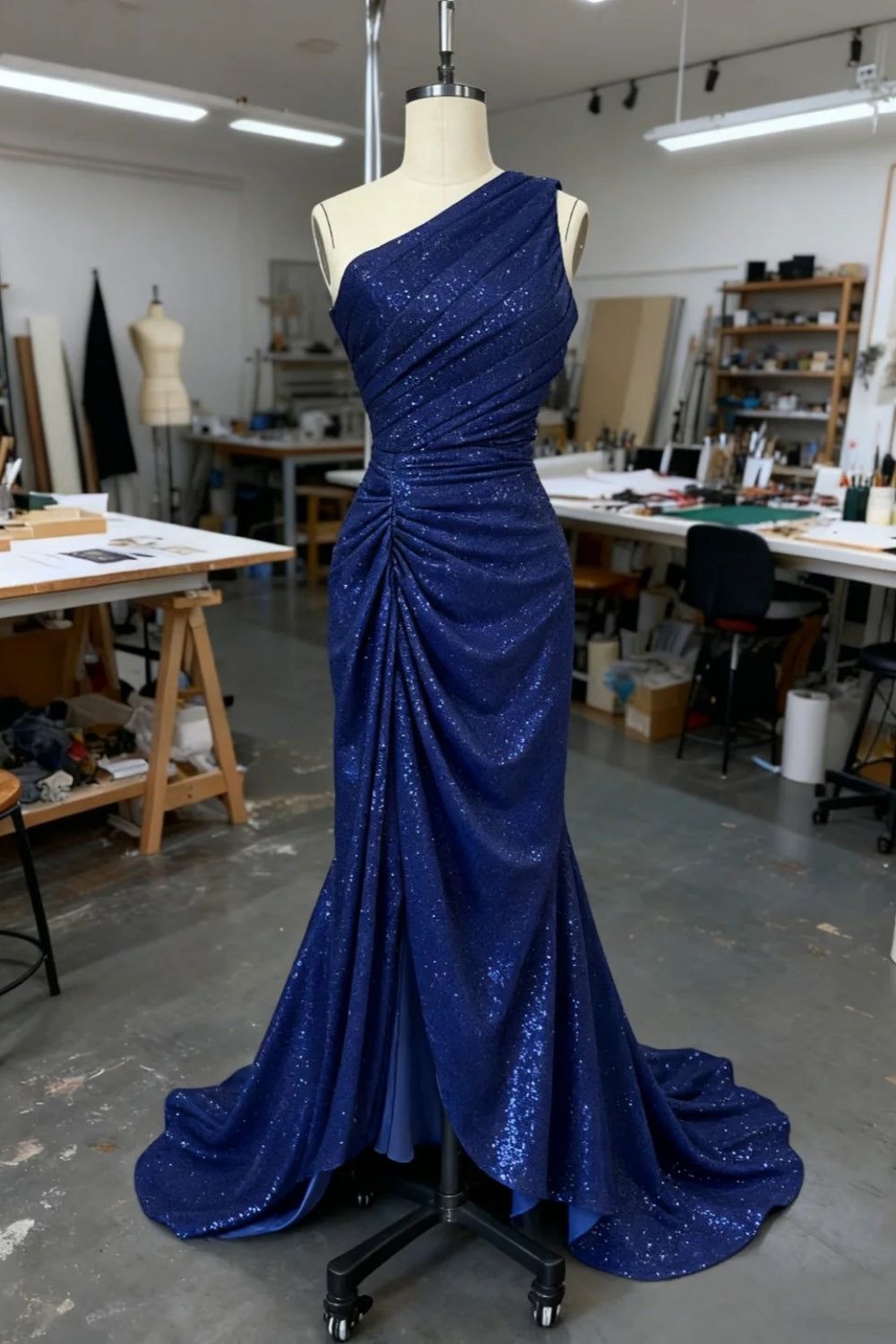 Classic Mermaid One-Shoulder Pleated Satin Sequin Without Sleeves Long Prom Dress, Evening Dress - FashionDia
