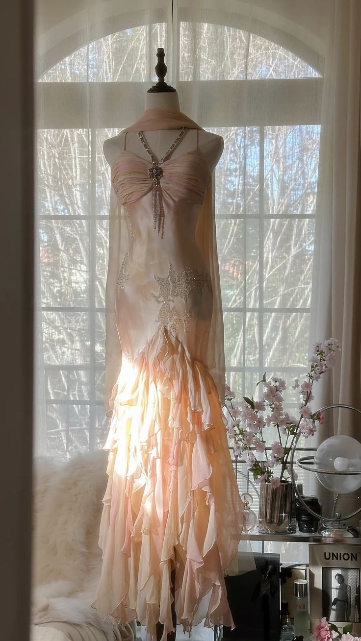 Chic Mermaid Spaghetti Straps Satin Ruffle Chiffon Beaded Without Sleeves Long Prom Dress, Evening Dress - FashionDia